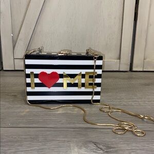 Milly Black and White Striped Clutch with Red Heart and Gold Accents